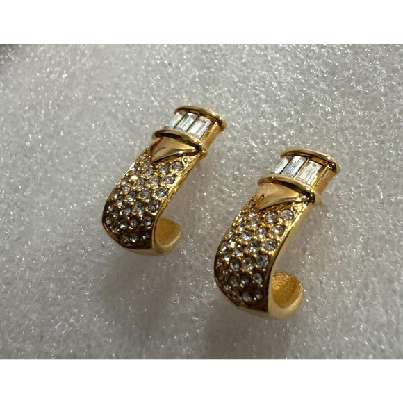 Vintage S.A.L. Swarovski Clear Crystal Half Hoop Earrings Gold Plated Pierced - Picture 3 of 6